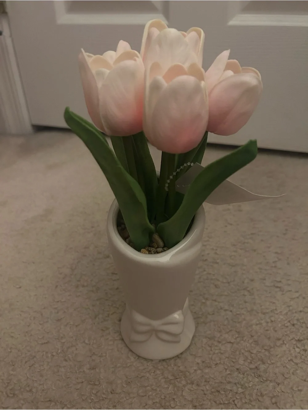 Pink Tulip Faux Floral in White Ceramic Vase Decoration
